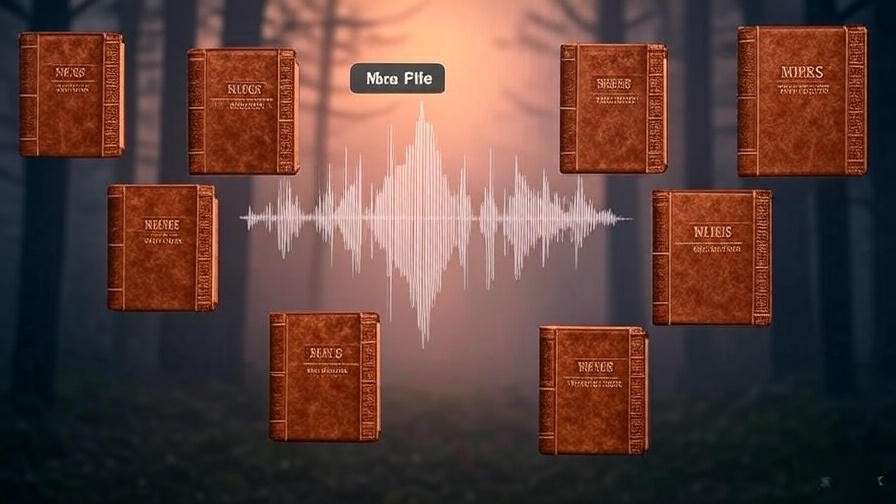 Digital MP3 interface with waveform and Shakespeare book icons for Peter Laugh audio.