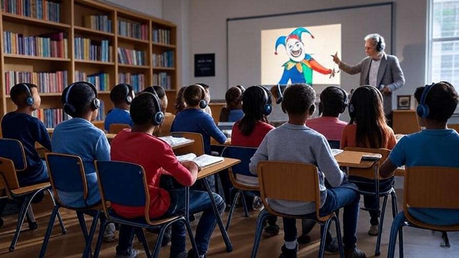 Students learning with headphones and As You Like It texts in classroom setting.