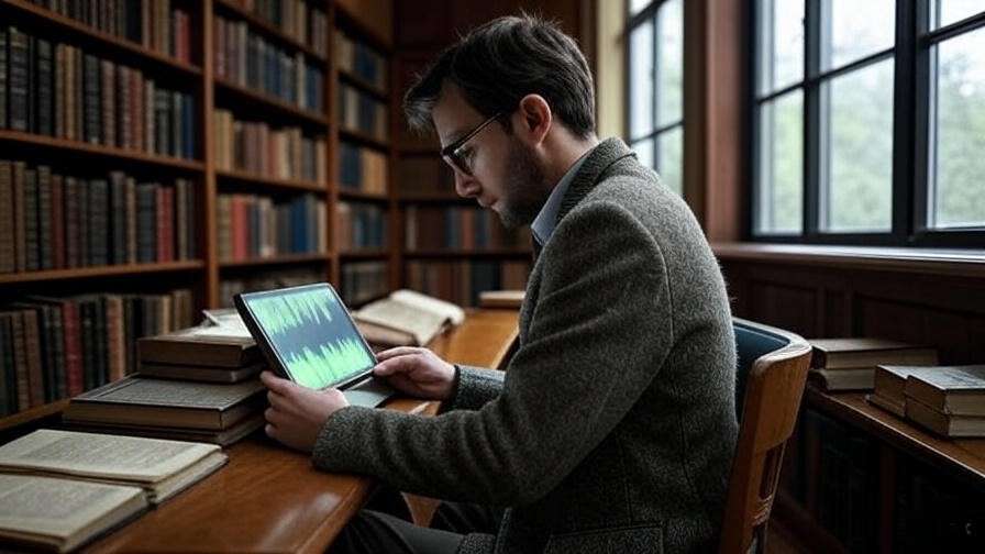 Scholar analyzing audio waveform with Shakespeare manuscripts in library.
