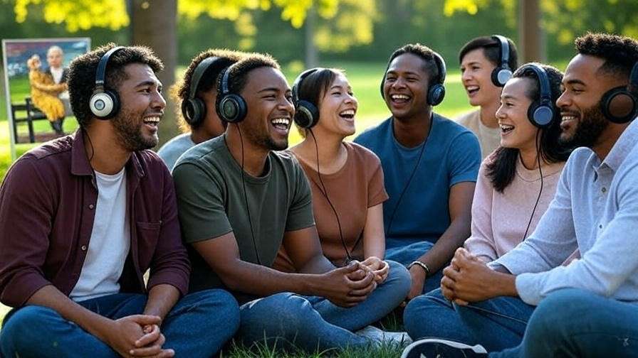 Community group sharing headphones with Shakespeare poster in park setting.