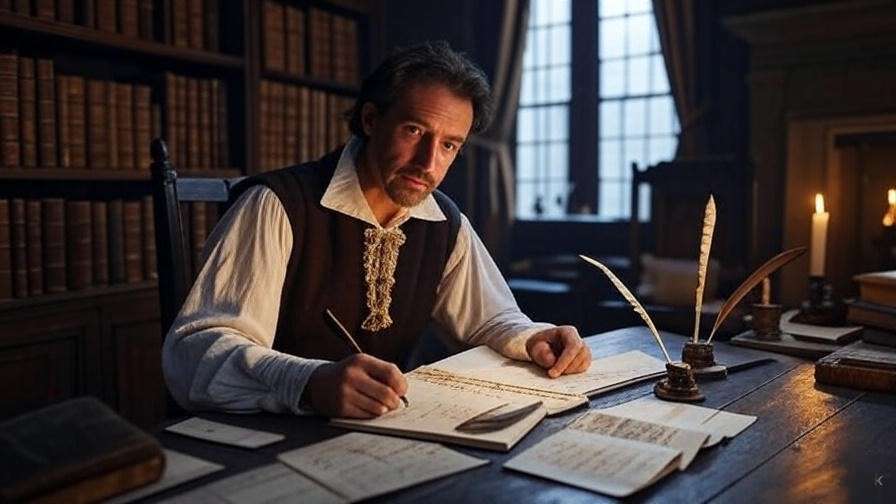 Serene Elizabethan poet writing sonnets by candlelight, quills and parchment, warm ambiance