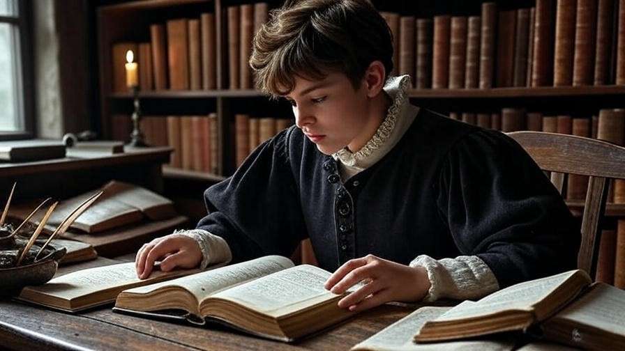 Student studying Shakespeare texts at a wooden desk, surrounded by books and tools, Elizabethan study room