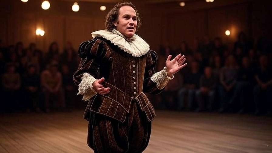Actor rehearsing on stage with expressive gestures, warm stage lights, Elizabethan costume