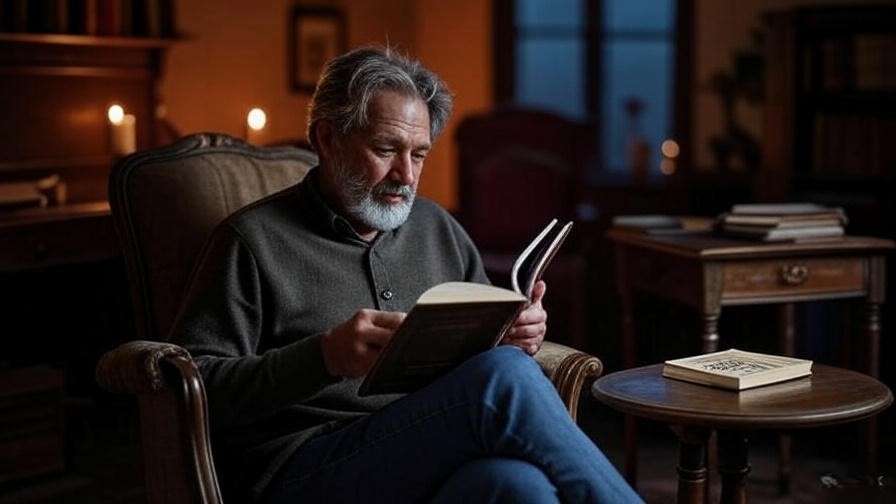 Enthusiast reading Shakespeare in a cozy home, journal and Globe playbill, candleligh