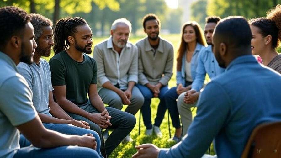 Diverse group in outdoor therapy session showing empathy and support