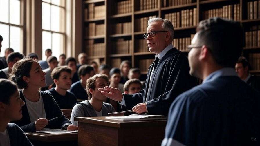 Professor lecturing on Shakespeare with students and artifacts"