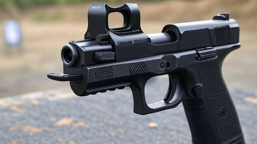 Close-up of Sig Sauer Romeo 5 red dot sight on a pistol at a shooting range, showcasing compact design and 2 MOA reticle