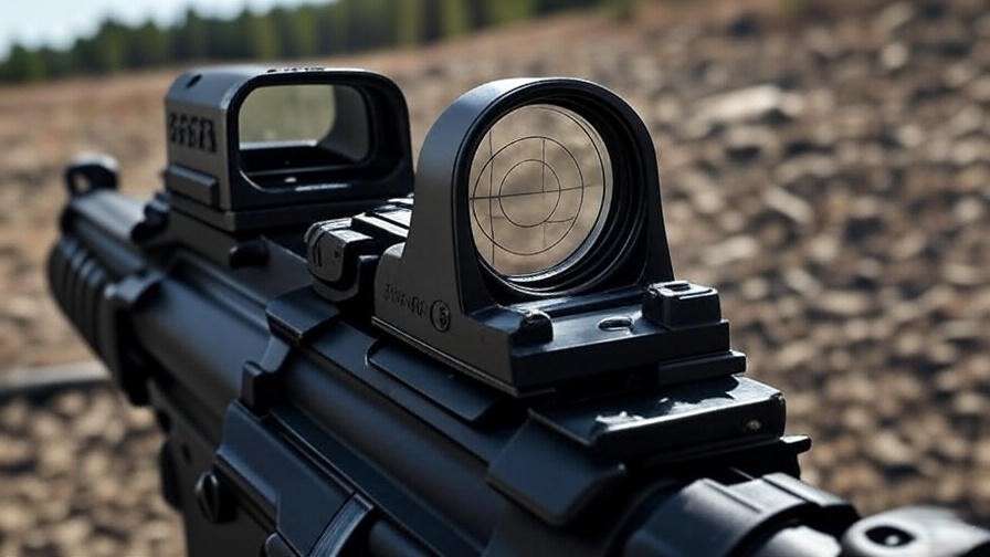 Detailed view of Sig Sauer Romeo 7 red dot sight on an AR-15 rifle, highlighting 30mm lens and circle-dot reticle in a rugged outdoor setting