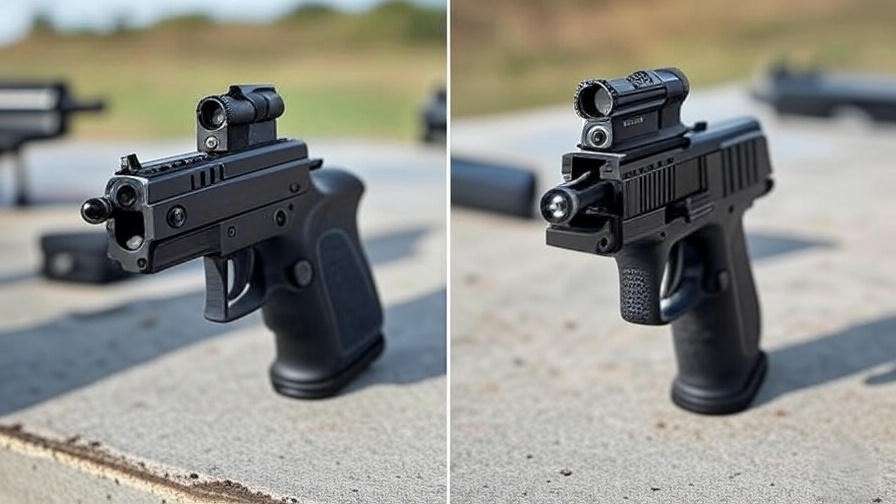 Side-by-side comparison of Romeo 5 and Romeo 7 red dot sights on firearms, showcasing size and design differences at a shooting range.