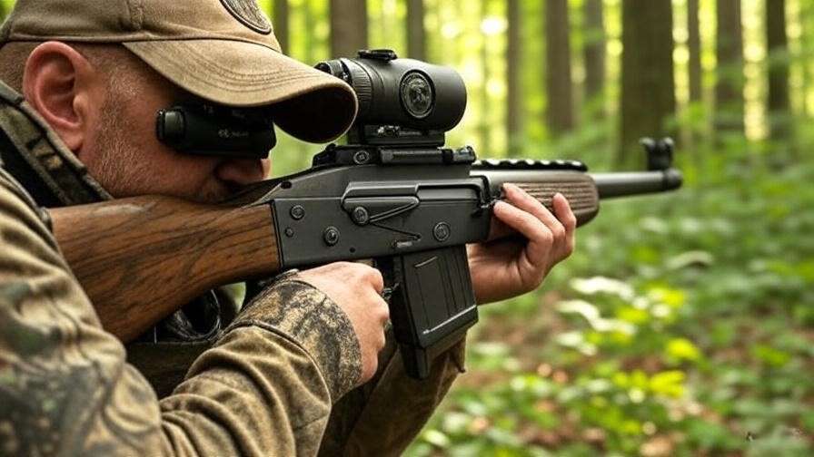 Illustration of shooter using Romeo 7 red dot sight with magnifier in a hunting scenario, highlighting wide field of view.