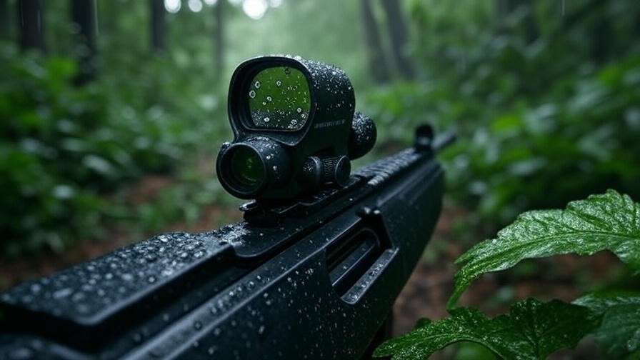 Rugged outdoor image of Romeo 7 red dot sight on a rifle with water droplets, showcasing durability in rain.