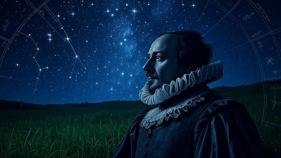 Elizabethan night sky with constellations and zodiac chart, Shakespearean figure gazing upward