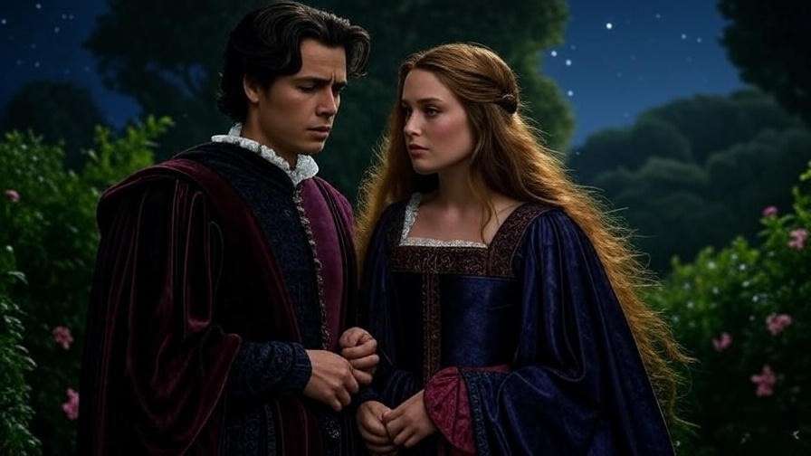 Romeo and Juliet under a starry sky with misaligned stars symbolizing their fate