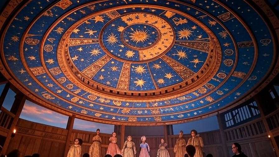 Globe Theatre heavens canopy with stars and zodiac signs, actors performing below.
