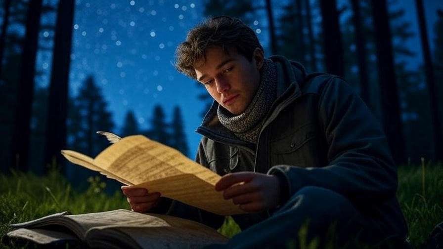 Person journaling under a starry sky with quill and parchment
