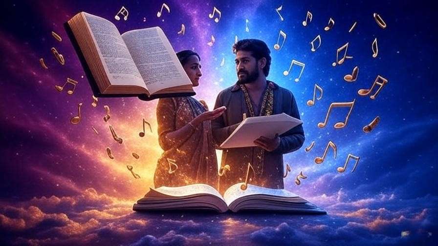 Montage of movie screen, musical notes, and book with starry background