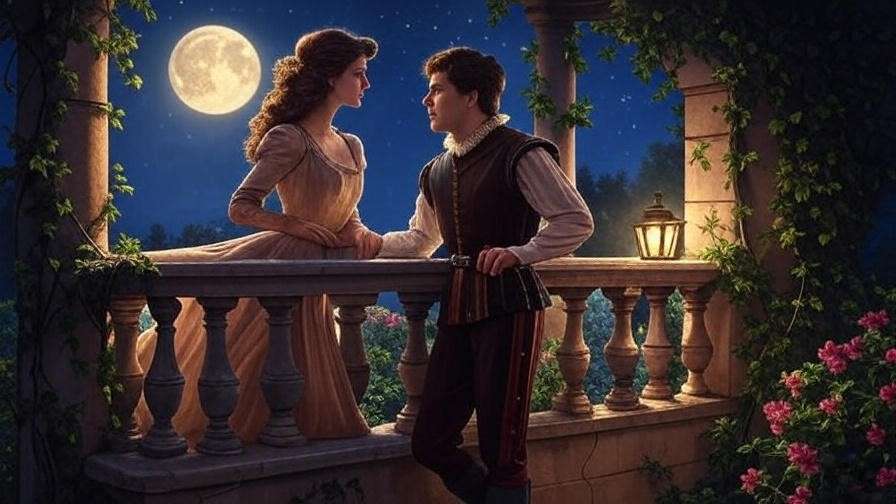 Moonlit balcony scene inspired by Romeo and Juliet, featuring a couple in Elizabethan clothing gazing lovingly under a starry sky