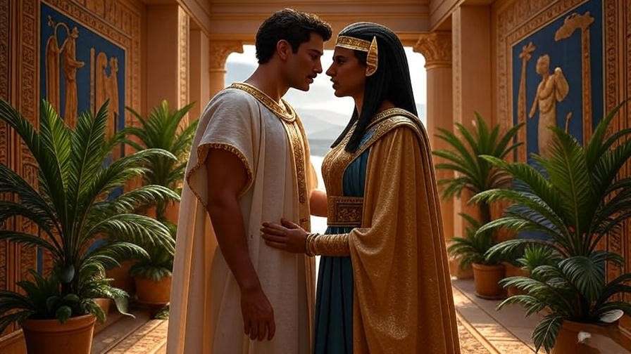 Regal embrace of a couple in ancient Egyptian and Roman attire, set in a grand palace, inspired by Antony and Cleopatra