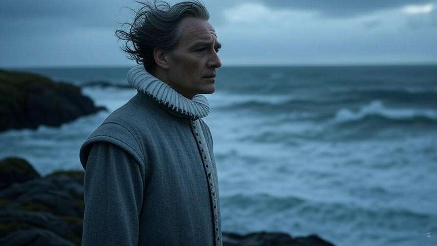 Melancholic figure in Elizabethan attire standing on a stormy cliff, inspired by the unrequited love in Shakespeare’s Twelfth Night