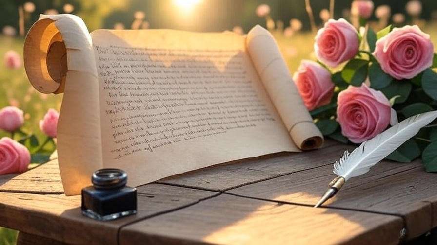 Parchment scroll with roses and a quill pen on a table, set against a summery meadow, inspired by Shakespeare’s Sonnet 18.