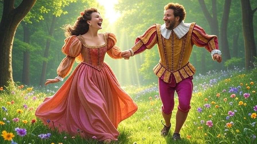 Playful couple in Elizabethan attire running through a lush forest, inspired by the romantic “fancy” in Shakespeare’s As You Like It