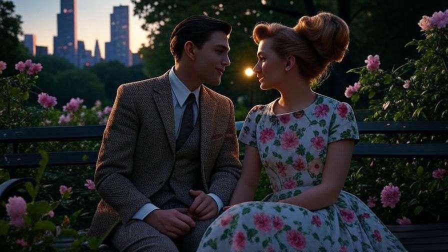 Romantic couple in vintage attire in a New York park at dusk, reflecting the Everyone Says I Love You script setting
