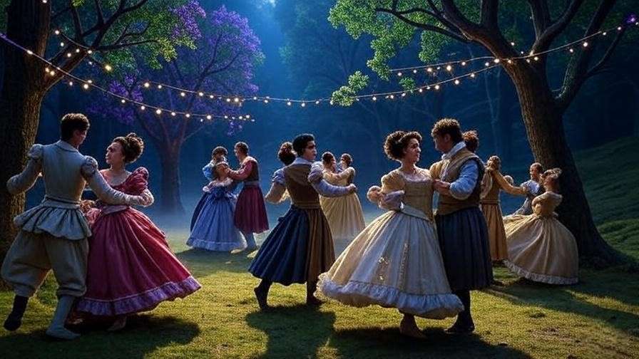 Couples in Elizabethan costumes dancing in a forest, inspired by the Everyone Says I Love You script and Shakespearean comedy