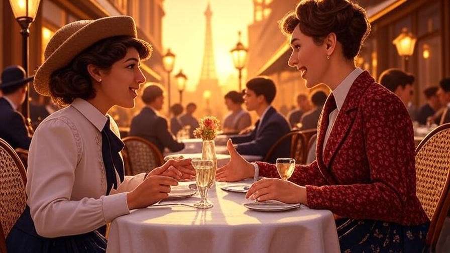 Characters in a Parisian café at sunset, reflecting witty dialogue from the Everyone Says I Love You script