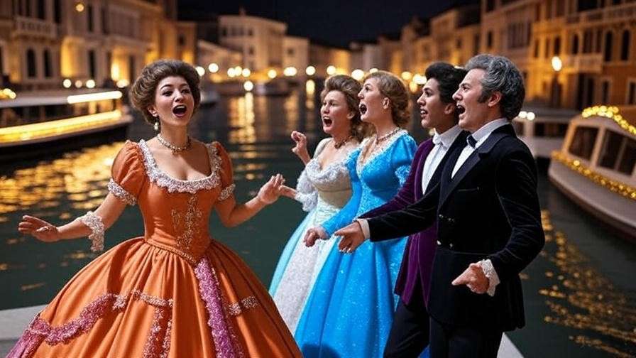 Musical performance on a Venetian canal, showcasing the climactic resolution of the Everyone Says I Love You script.