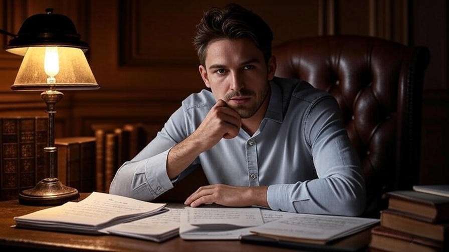 Writer at a desk with script pages, symbolizing the dialogue craft in the Everyone Says I Love You script.