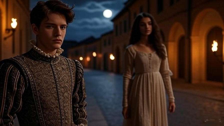 Renaissance man gazing at shadowy Rosaline in Verona street under moonlight