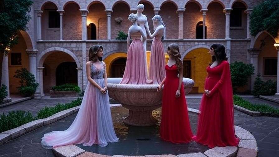 Comparison of Rosaline and Juliet in Verona courtyard with fountain