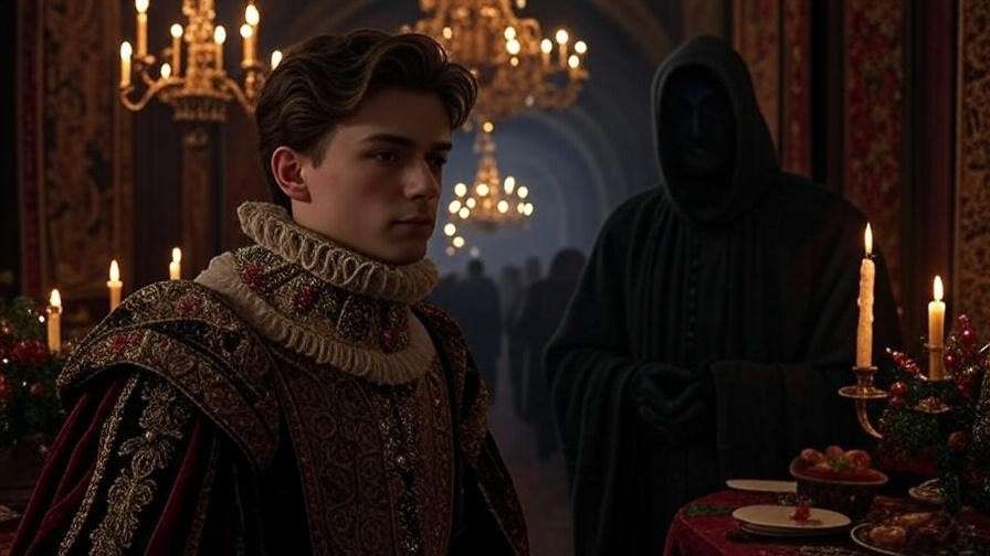 Romeo entering Capulet feast with mysterious Rosaline in background