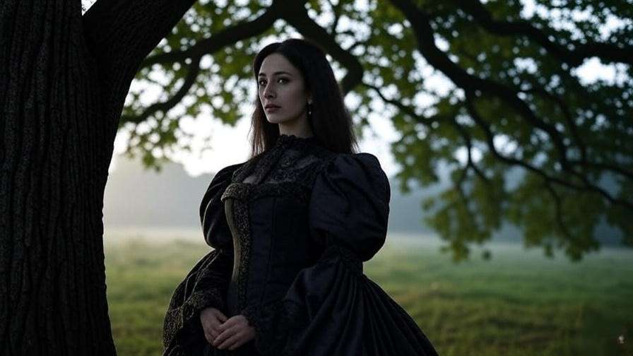 Elizabethan woman symbolizing Rosaline’s chastity under oak tree