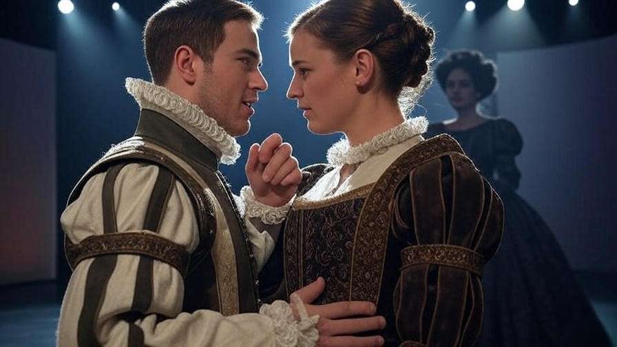 Theatrical stage with Rosaline shadow and Romeo-Juliet scene