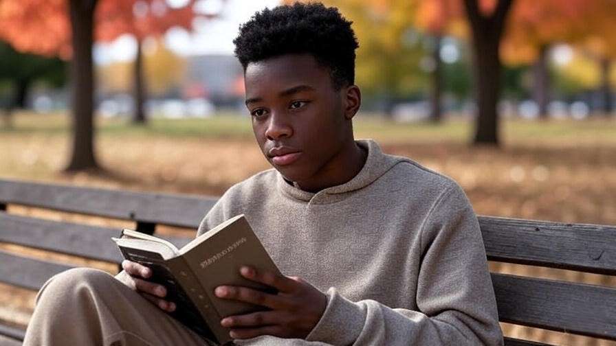 Young person reading Shakespeare book in autumn park