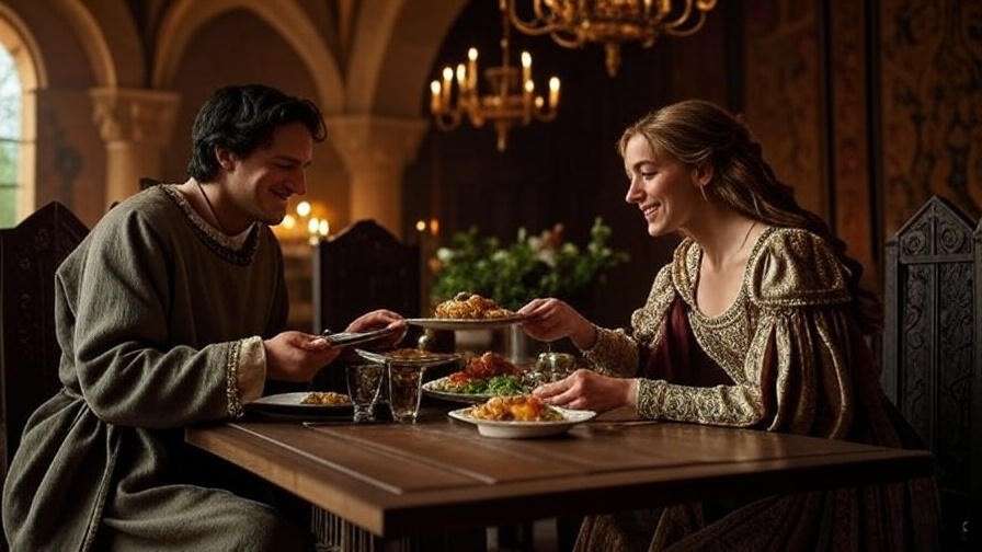 Shakespearean couple sharing a selfless meal in a grand medieval hall