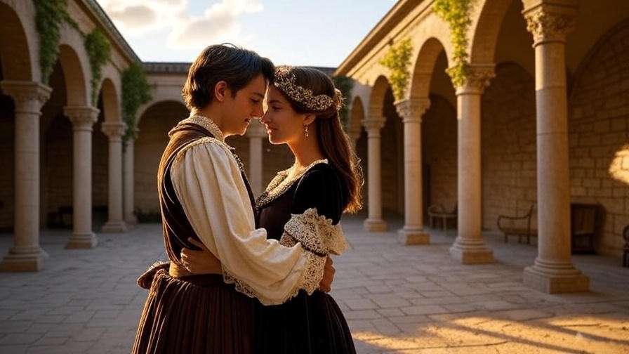 Shakespearean couple embracing in forgiveness in an ancient courtyard