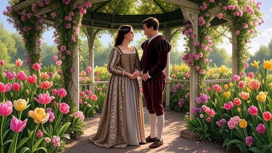 Shakespearean couple building trust near a gazebo in a blooming garden