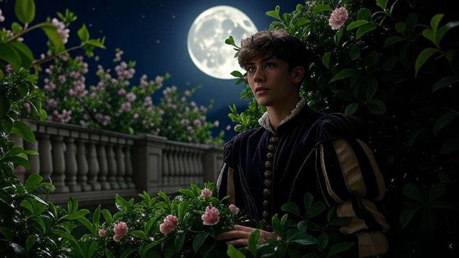 Moonlit orchard scene with Romeo hiding near a balcony in Romeo and Juliet Act 2