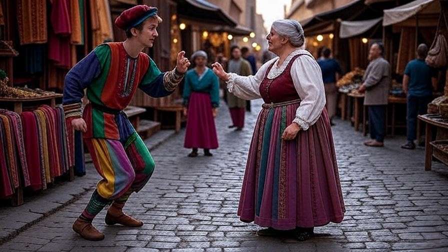 Mercutio and the Nurse in a lively Verona marketplace in Romeo and Juliet Act 2