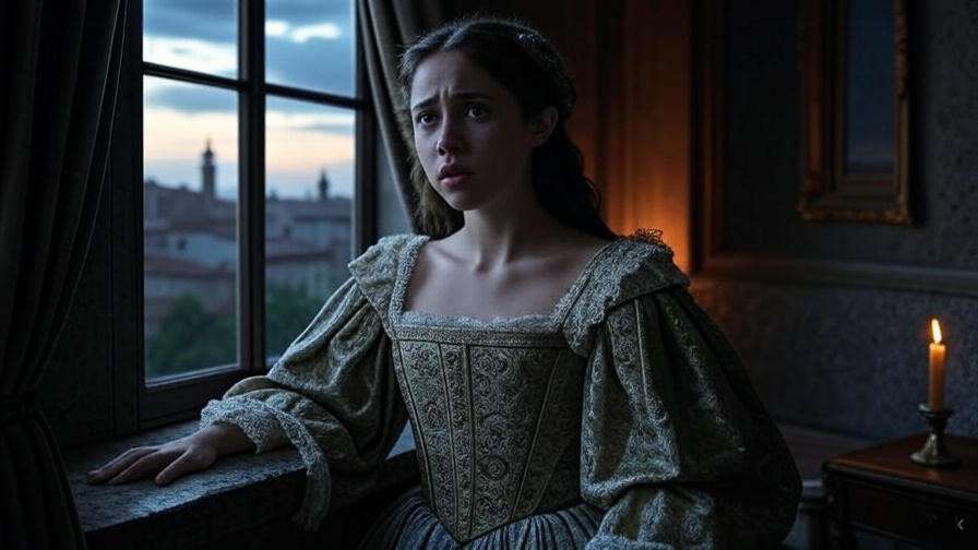 Anxious Juliet waiting by a window in Romeo and Juliet Act 2