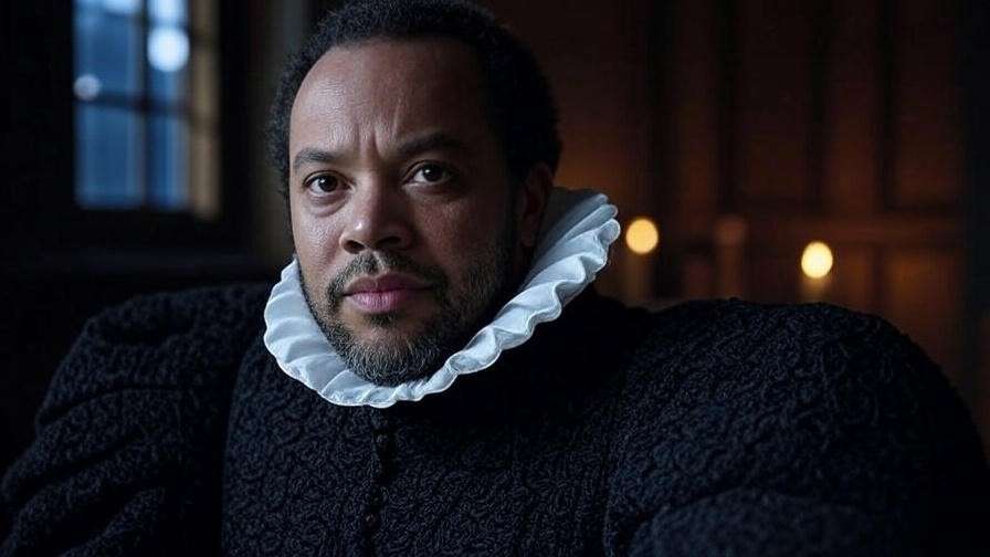 Shakespearean actor in Elizabethan attire in candlelit room symbolizing passage play in Hamlet.