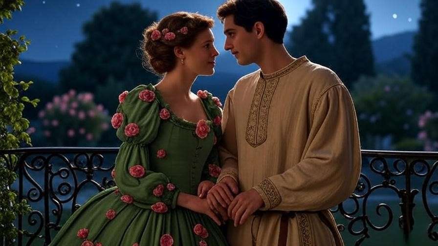 Romantic balcony scene with Renaissance figures symbolizing passage play in Romeo and Juliet.