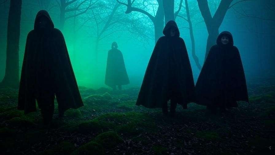 Mystical forest with shadowy figures symbolizing passage play in Macbeth witches' prophecies