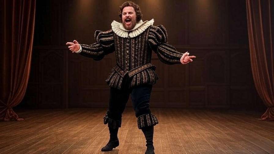 Actor on stage delivering passionate performance symbolizing passage play in Shakespeare acting.