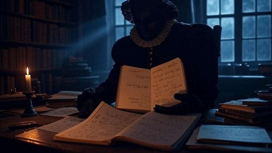 Vintage study with a notebook of mathematical equations and candlelight, symbolizing the Proof screenplay's genius theme