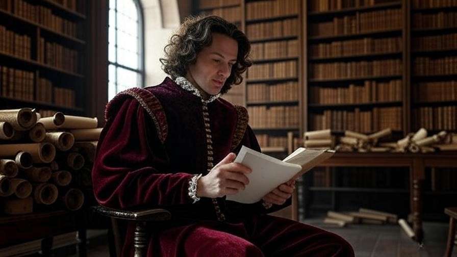 Shakespearean actor reading a script in a grand library, linking to Proof screenplay’s historical themes