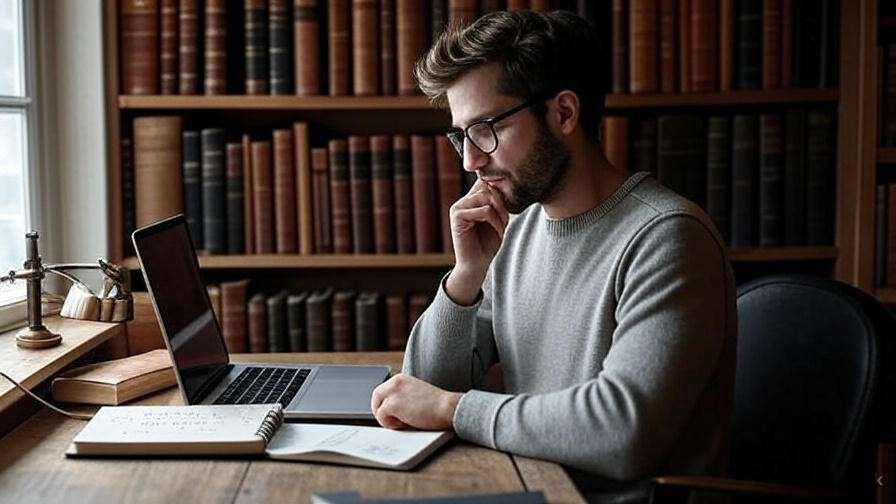 Writer at desk with laptop and Shakespearean books, inspired by Proof screenplay lessons