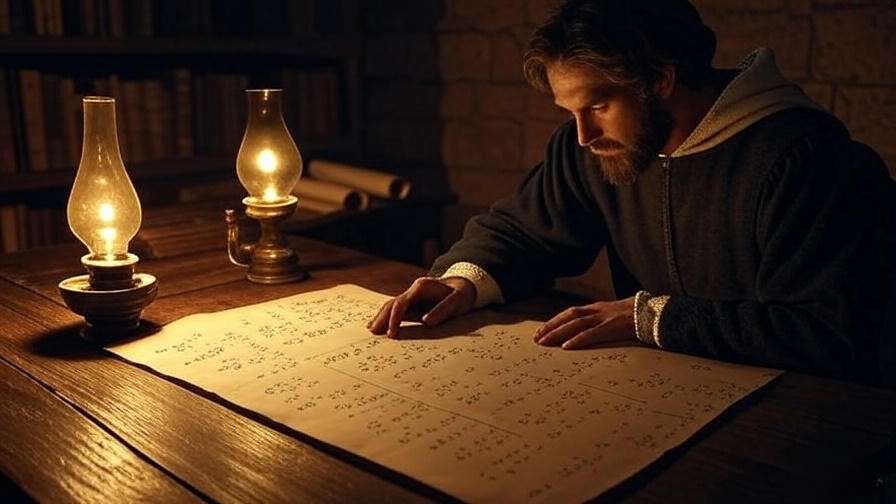 Historical medieval study with a scholar in Renaissance attire examining mathematical equations on parchment under warm lamp light, cinematic atmosphere